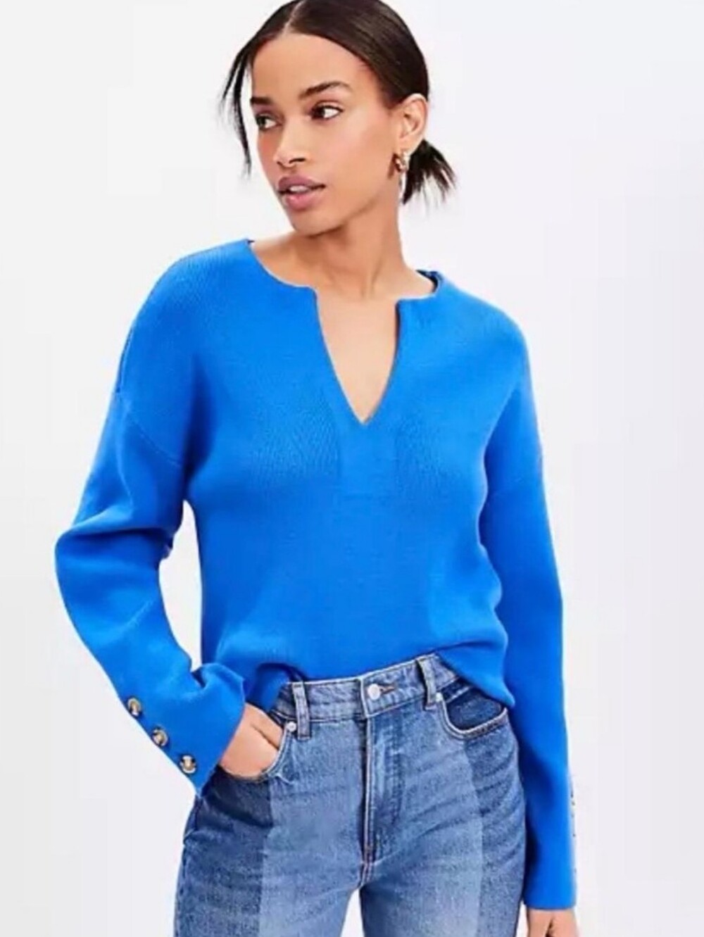 Loft Bright Isle Blue Button Sleeve Split Neck Sweater New With Tags